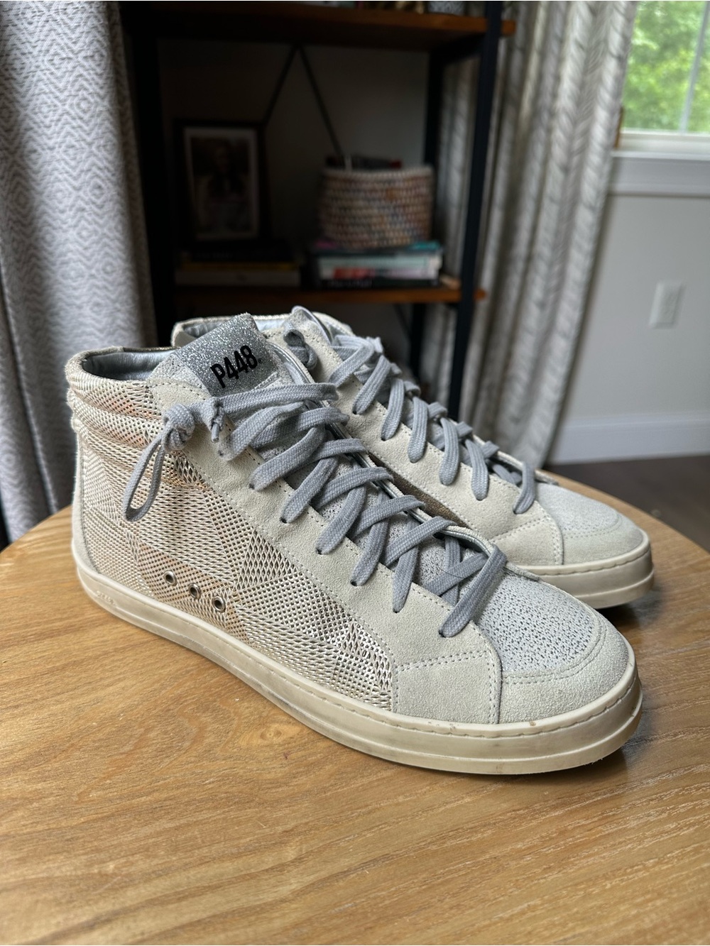 P448 Women’s Mid-Top Sneakers in Light Gray and Off-White with metallic shimmer